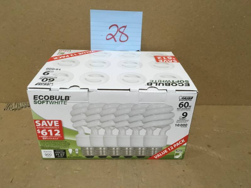 lot 28 image: Feit Electric 60-Watt Equivalent Soft White A19 Spiral CFL Light Bulb (12-Pack) in good condition