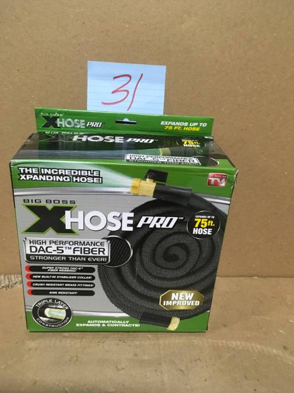 lot 31 image: Xhose 58 in. Dia x 75 ft. Pro Dac-5 High Performance Lightweight Expandable Garden Hose in good condition