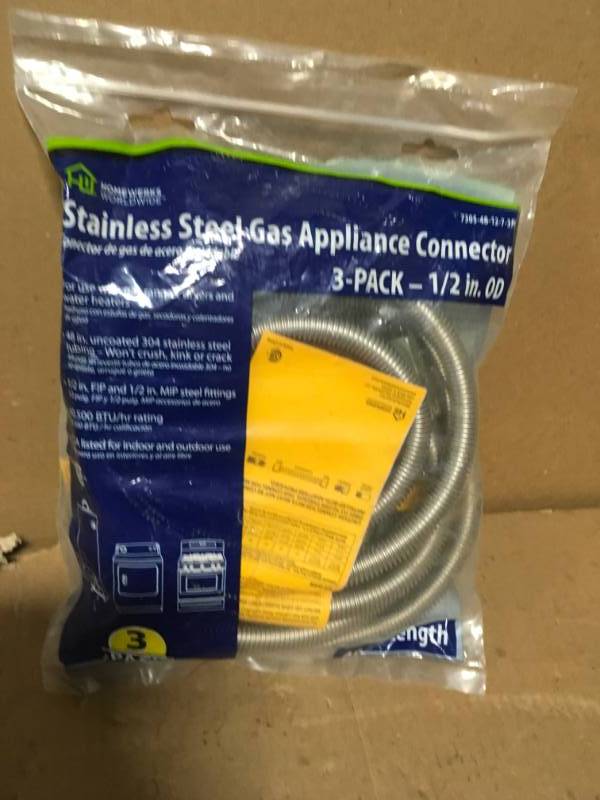 lot 42 image: Homewerks Worldwide 12 in. MIP x 12 in. FIP x 48 in. Stainless Steel Gas Connector (3 Pack) in good condition