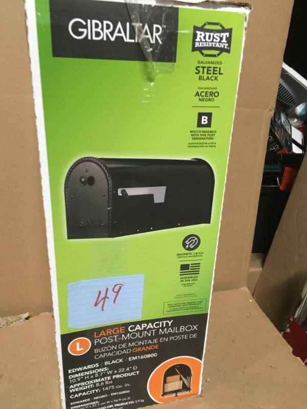 lot 49 image: Gibraltar Mailboxes Edwards Black Steel Post-Mount Mailbox Large with Decorative Door in good condition