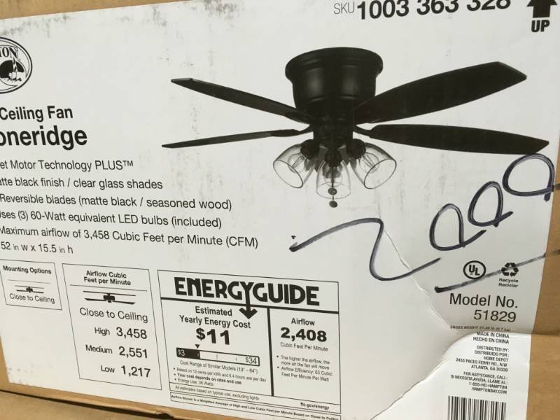 lot 54 image: Hampton Bay Stoneridge 52 in. Matte Black Hugger LED Ceiling Fan with Light Kit in good condition