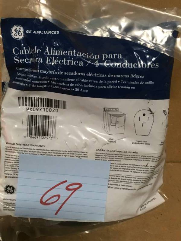 lot 69 image: GE 6 ft. 4-Prong 30 Amp Dryer Cord in good condition