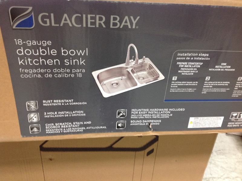 lot 108 image: Glacier Bay All-in-One Dual Mount Stainless Steel 33 in. 2-Hole Double Bowl Kitchen Sink in good conditions