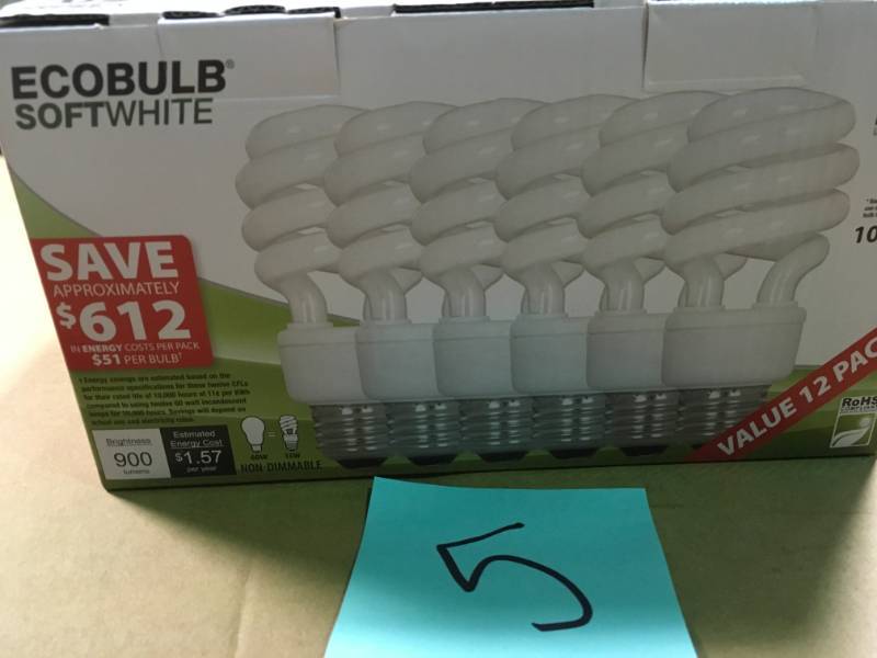lot 5 image: Feit Electric 60-Watt Equivalent Soft White A19 Spiral CFL Light Bulb (12-Pack) not used
