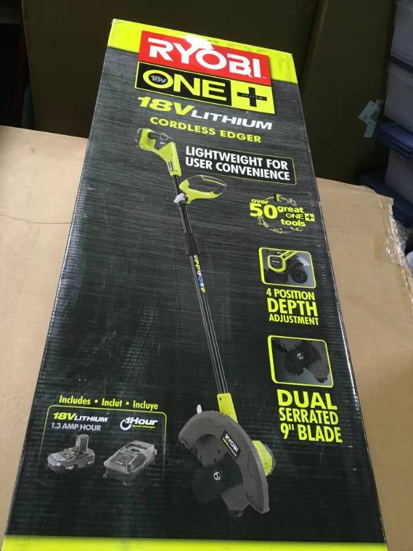 lot 23 image: RYOBI ONE 18-Volt Lithium-Ion Cordless String TrimmerEdger - 4.0 Ah Battery and Charger Included in good condition