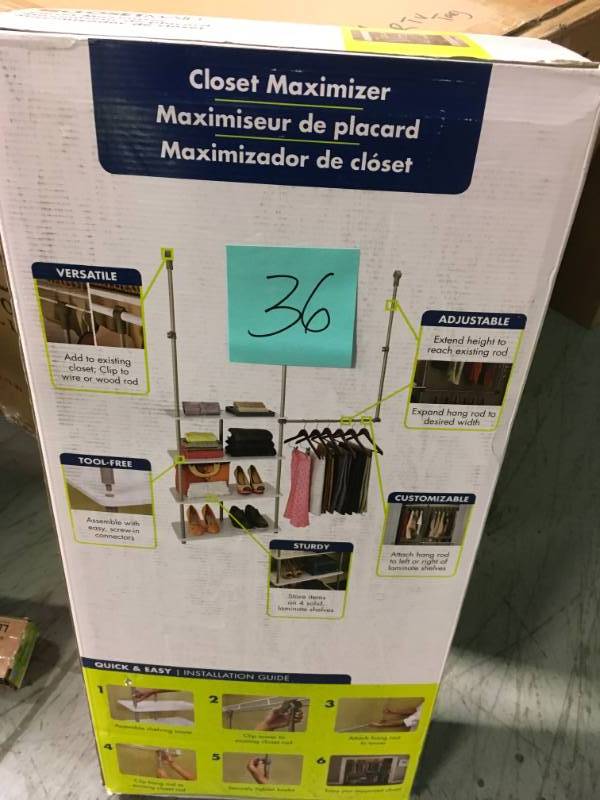 lot 36 image: ClosetMaid 4 ft. - 8 ft. 11.6 in. D x 42 in. W x 66 in. H Laminate Closet System Maximizer in White not used