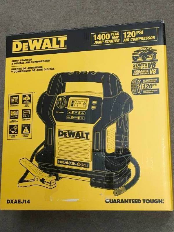 lot 67 image: DEWALT 1400 Peak Amp Jump Starter with Digital Compressor in good condition