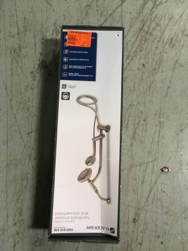 lot 79 image: Glacier Bay 6-Spray Wall Bar Raincan Showerhead with 6-Spray Handshower in Brushed Nickel in good condition
