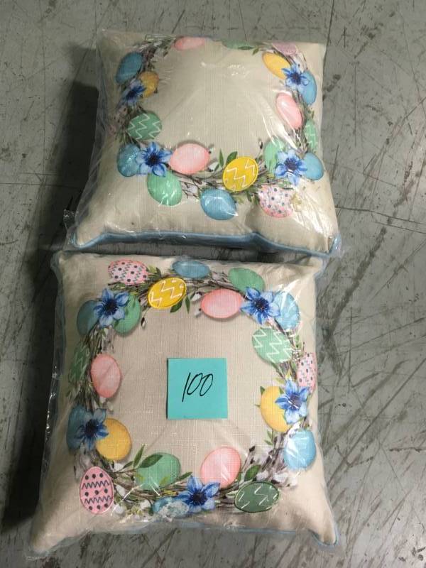lot 100 image: Home Accents Holiday 18 in. Easter Spring Egg Wreath Welted Indoor Pillow QTY 2 in good condition