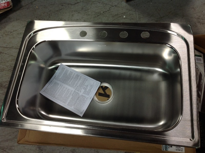 Elkay Pergola Drop-In Stainless Steel 33 in. 4-Hole Single Bowl Kitchen Sink not used whit small dents on the corners
