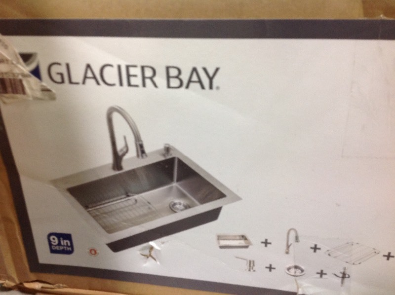 Glacier Bay All-in-One Dual Mount Small Radius Stainless Steel 33 in. 2-Hole Single Basin with Faucet Kitchen Sink in Brushed Finish in good conditions