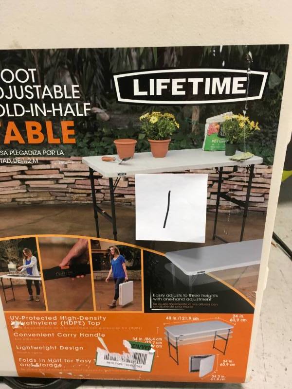 Lifetime 48 in. Almond Plastic Adjustable Height Fold-in-Half Folding Table not used