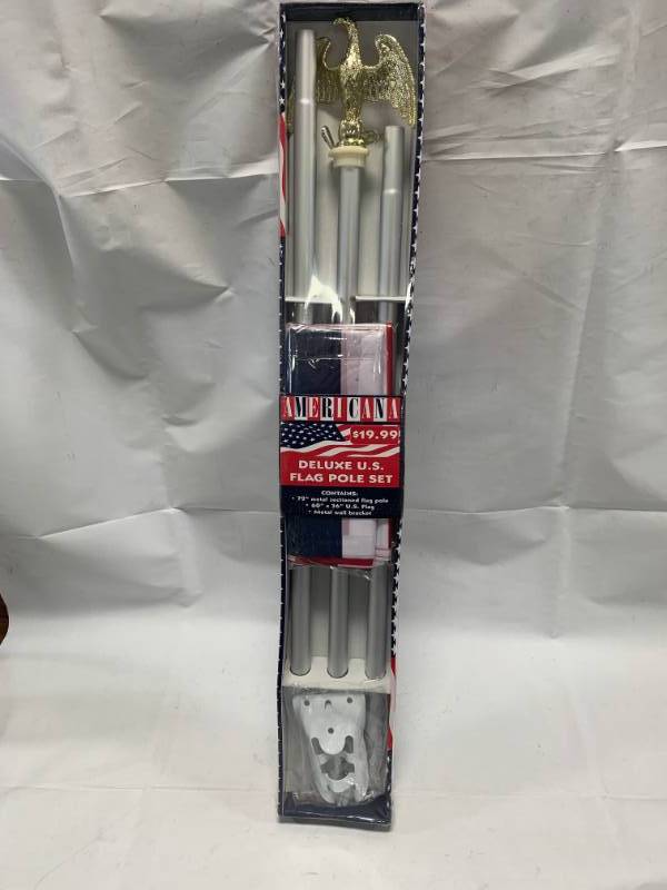 lot 27 image: Deluxe US Flag Pole Set   Includes 6 Pole, 3 x 5 US Flag (Flag day is June 14th)
