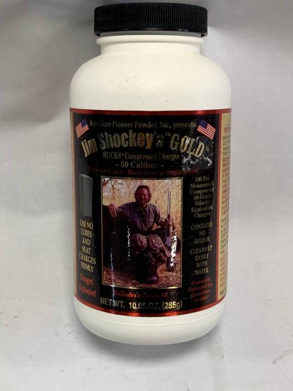 lot 31 image: New Jim Shockeys Gold .50 Caliber Compressed Charges