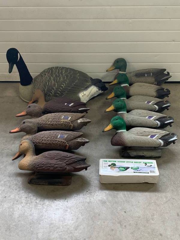 lot 38 image: Lot of 10 Duck & Goose Decoys with 12 Anchors