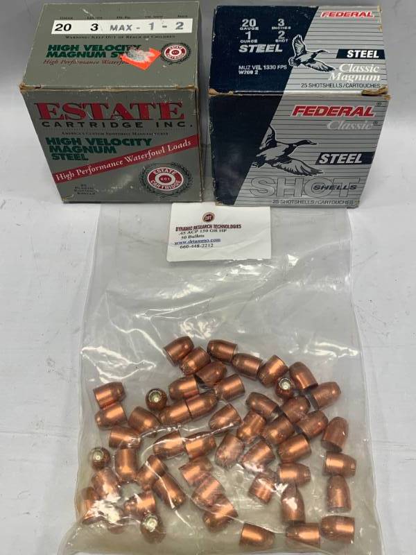 lot 52 image: 2 Boxes 20 Gauge 3 & .45 ACP Bullets