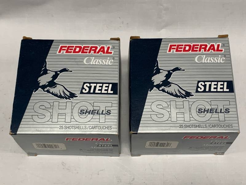 lot 54 image: 2 Boxes 10 Gauge  3 12 Steel Shot (50 Shells)