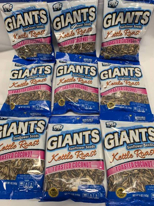 lot 65 image: Lot of 9 Bag Giants Toasted Coconut Sunflower Seeds