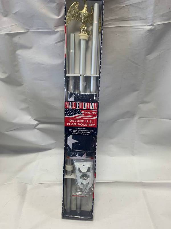 lot 100 image: Deluxe US Flag Pole Set   Includes 6 Pole, 3 x 5 US Flag (Flag day is June 14th)