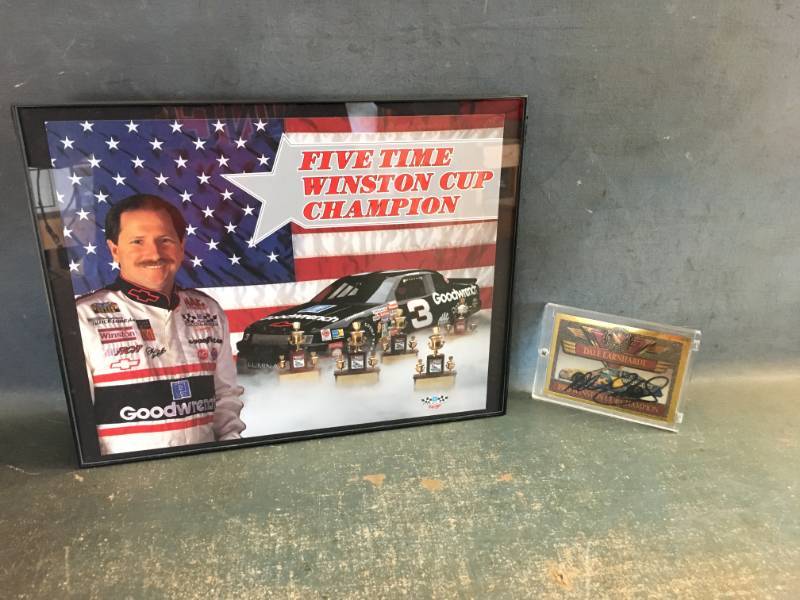 lot 71 image: Dale Earnhardt Autographed Nascar Card and Vintage Framed Photo