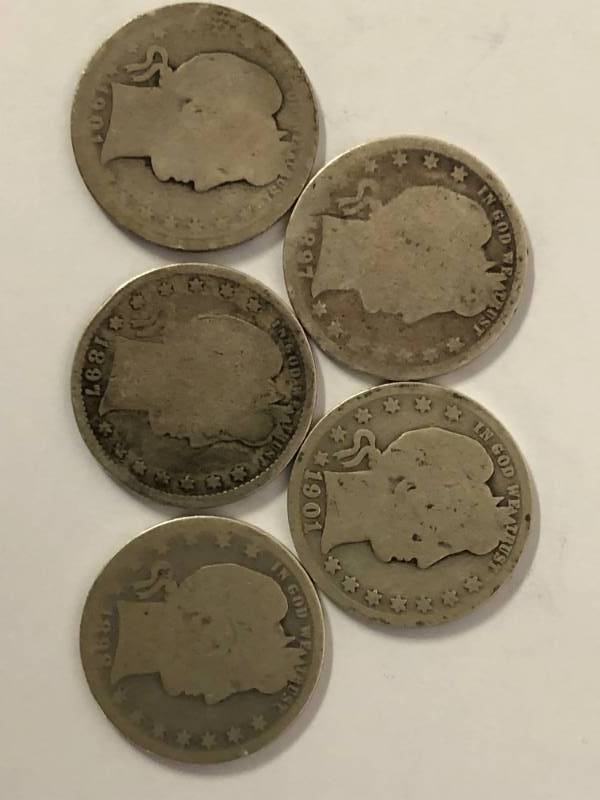 lot 79 image: 5 Barber Quaters (2)1897 (2) 1901 (1) 1898