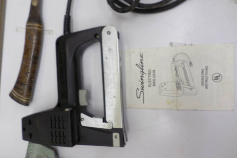 lot 81 image: Vintage Tools-Craftman Tool Box, Stanley JobMaster Sabre Saw, Swingline Electric Nail Gun, Two Axes
