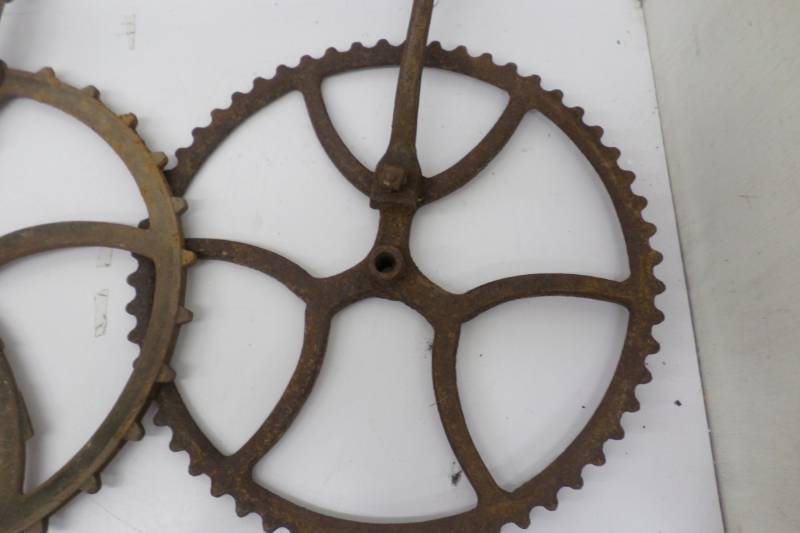 lot 90 image: Two Antique Cast Iron Gears with Handles-15 and 16 Diameter