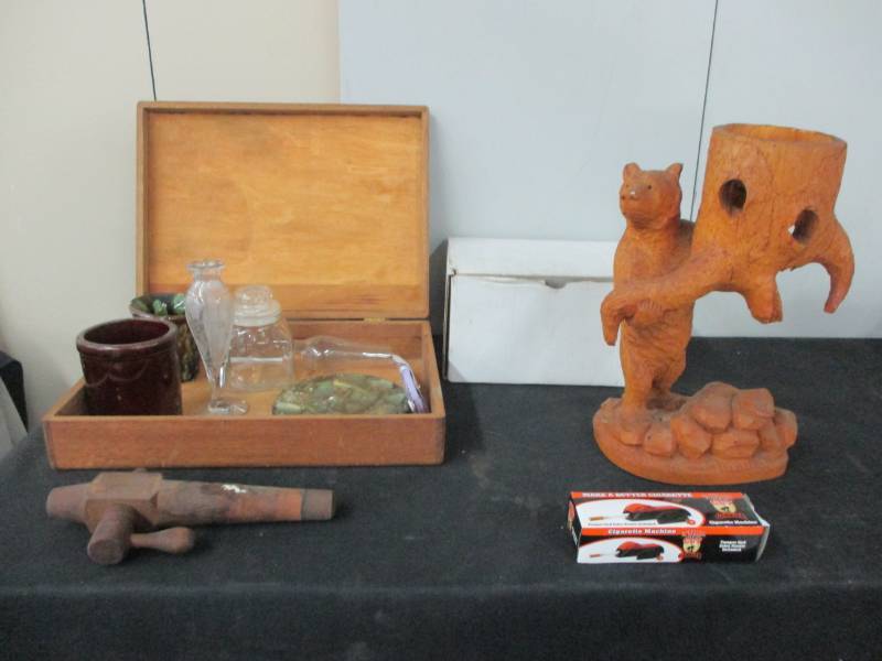 lot 97 image: Hand Carved Bear Dcor, Wooden BoxMisc vases, crocks, Barret Spout and cigarettes roll your own