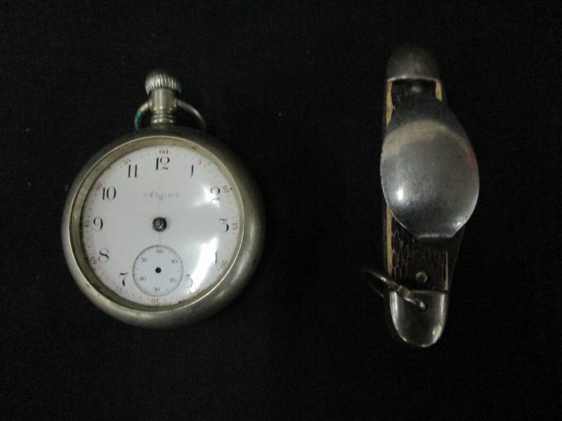 lot 102 image: Nickel Pocket Watch and Camping Foldup Silverware