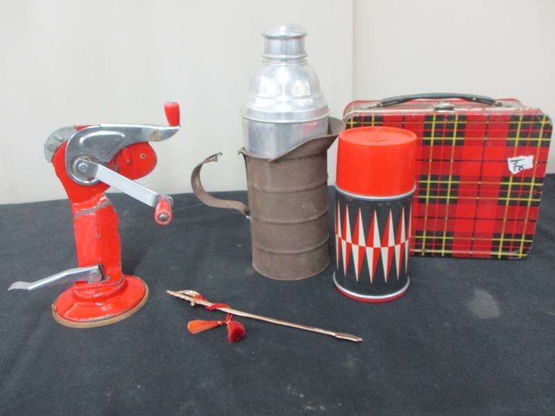 lot 107 image: Old Can Opener, Shaker Bottle, Plaud Lunchbox and Thermos