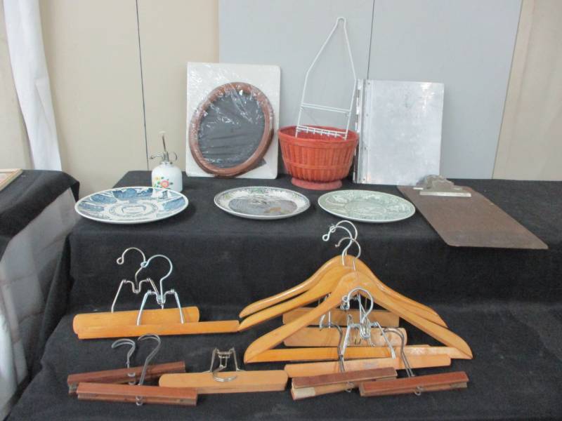 lot 109 image: Wooden hangers, Frame, Clothes Ironing Spray Bottle, Plates and more