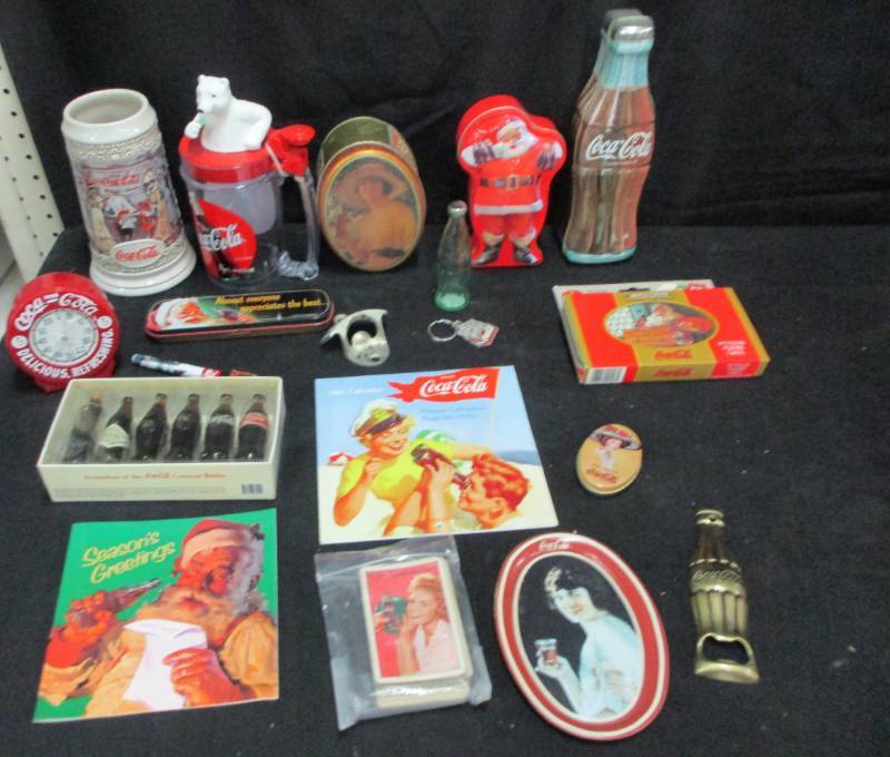 lot 113 image: Coca Cola Collectibles Bottles, Calendars, Stines, Tins, Clock and more