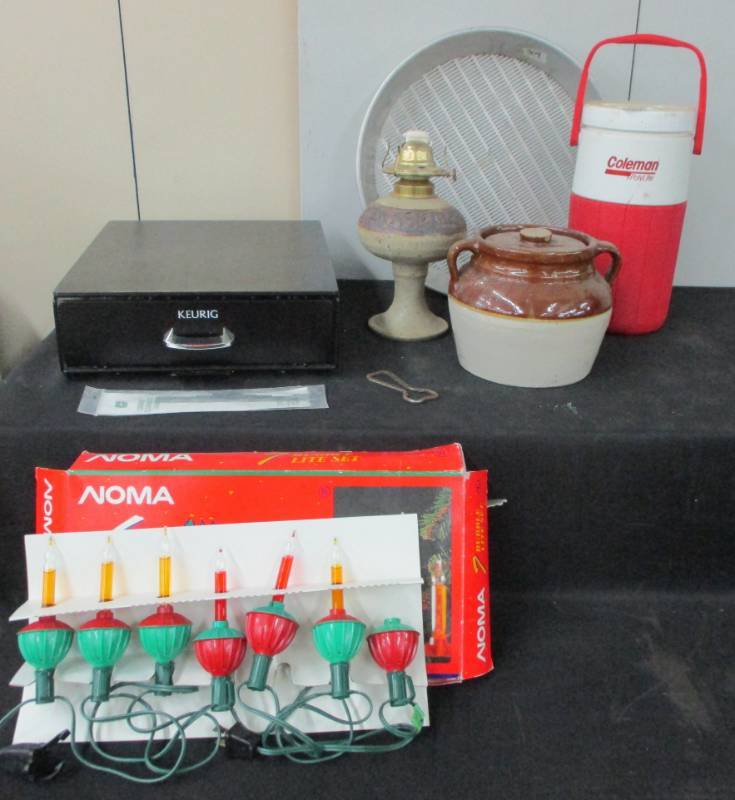 lot 116 image: Coleman water jug, Kerig Holder, Bubble Lights, Crock, Lamp and Sifter for your Gold