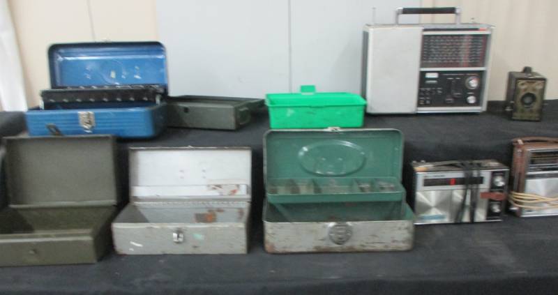 lot 150 image: Old 10 band Radio , other radios and metal toolboxes and fishing boxes