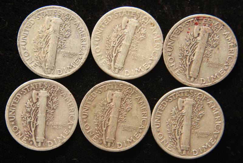 GROUP OF 6 MERCURY DIMES AS PICTURED