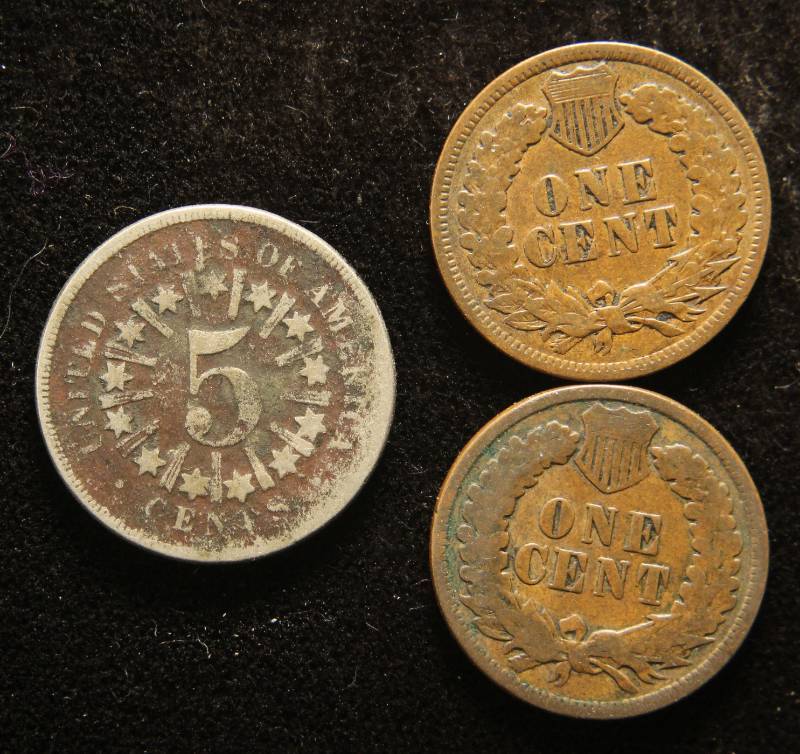 3 COINS 1866 SHIELD NICKEL 1893 1895 INDIAN HEAD CENTS