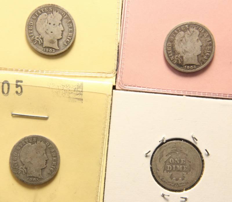 GROUP OF 4 BARBER DIMES 1903 1904 1905 1905-O
