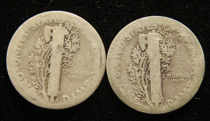 2 MERCURY SILVER DIMES 1920-D 1920-S