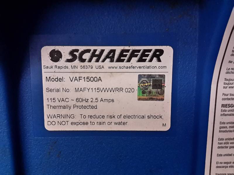 lot 120 image: Schaefer VAF1500A 8, 115 Volt, Light Industrial Confined Space Ventilator
