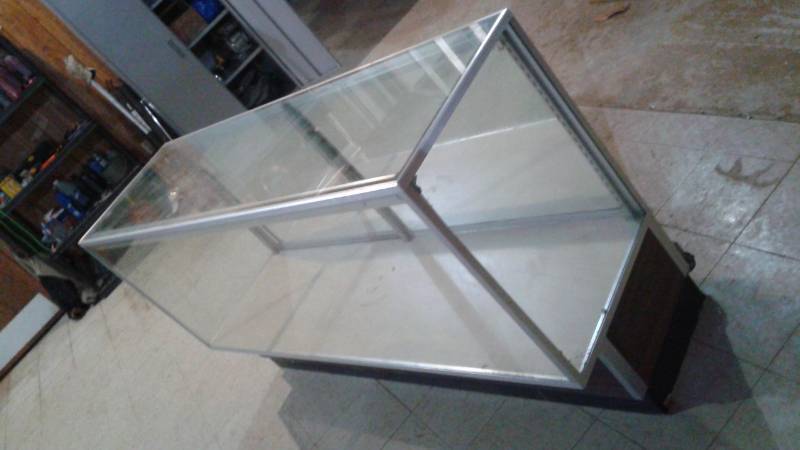 lot 1 image: Glass Store Display Cabinet, Used, Some Wear, No Shelves Or Brackets, Has Sliding Back Doors, 70 x 20 x 39