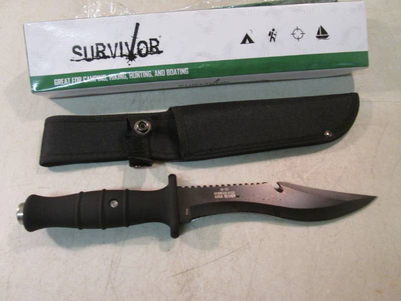 lot 52 image: 12 Survivor Bowie Knife with Sheat...