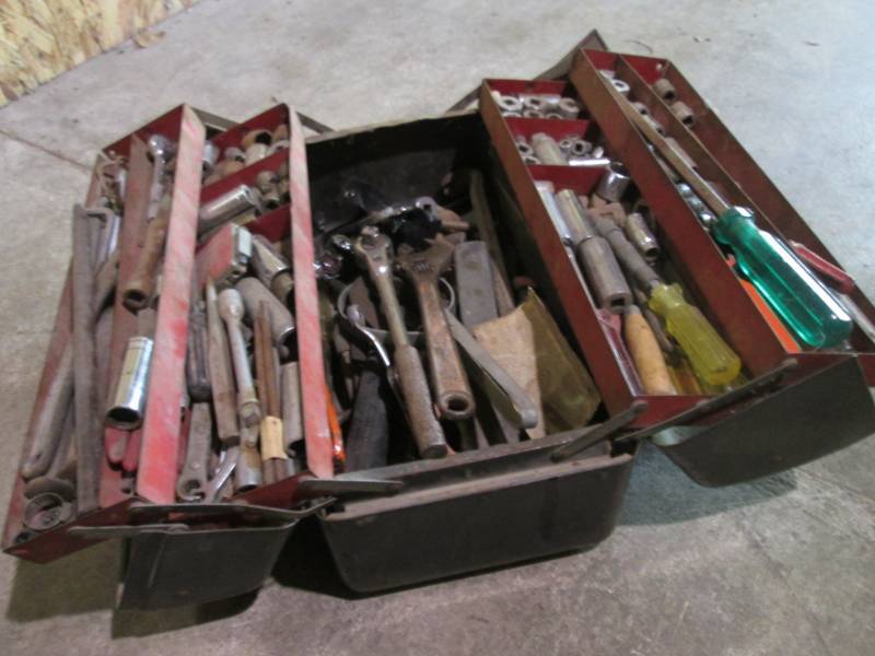 lot 155 image: Old Metal Fold-Out Toll Box Full of...