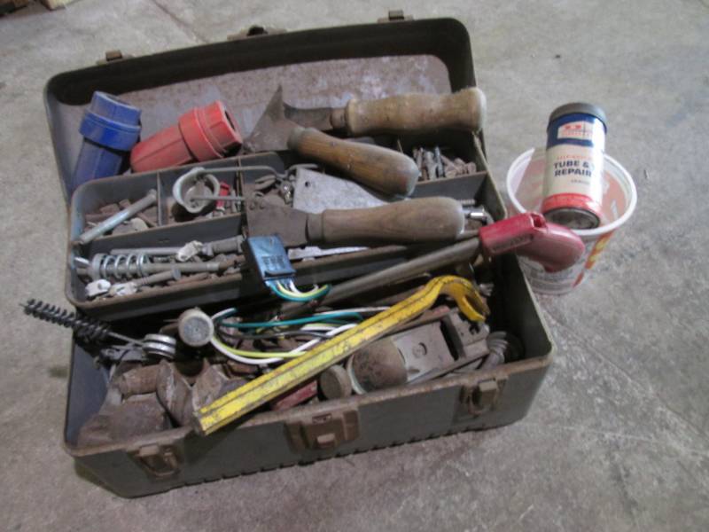 lot 157 image: Small Metal Toolbox Full of Misc To...