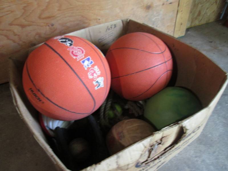 lot 169 image: Box of Sports Balls and Baseball Gl...