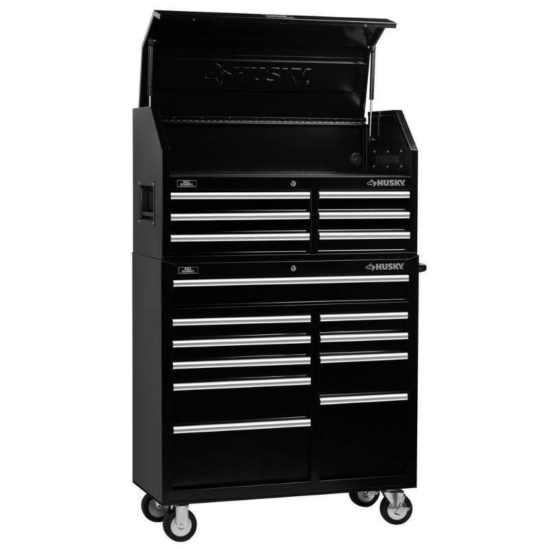 lot 3 image: Husky 41 in. 16-Drawer Chest and Cabinet Set, H4116CHTRP - Dented Top Main Cabinet.