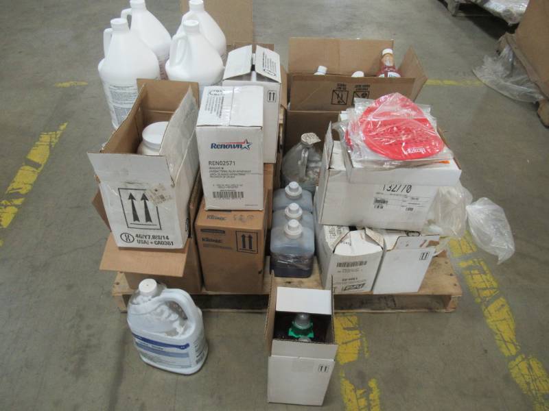 lot 23 image: Janitorial Pallet of Cleaners, Soaps, Sanitizers, Urinal Pads And More
