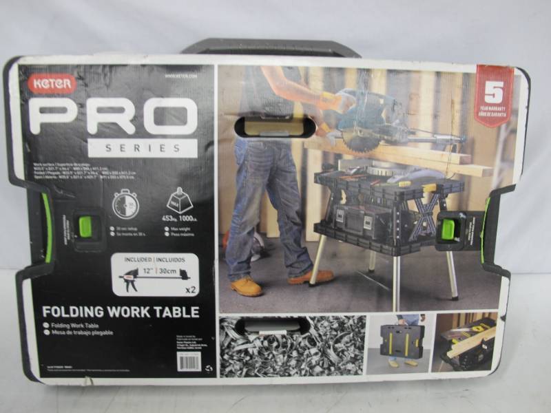 lot 163 image: Keter Pro Series Folding Compact Workbench Sawhorse Work Table with Clamps 1000 lb Capacity - USED
