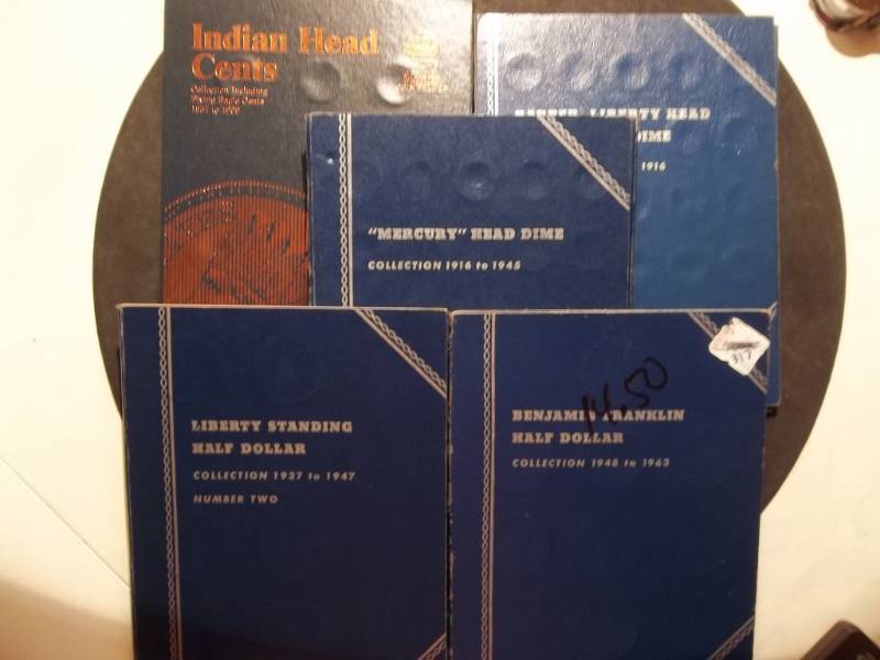 lot 195 image: 5-Whitman Coin Albums-Indian Head Cents, Barber Dimes Mercury Dimes, Walking Liberty Half Dollars, Franklin Half Dollars