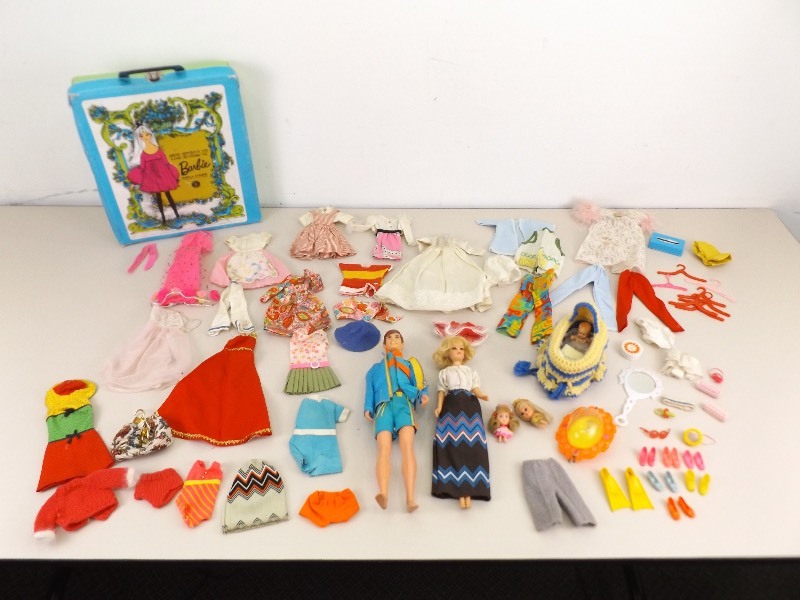 Lot of Vintage Barbie and Ken Dolls wClothes, Case, and Accessories