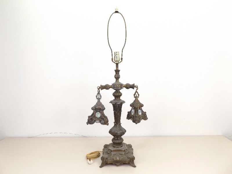 Vintage Gothic Cast Brass 3 Bulb Lamp